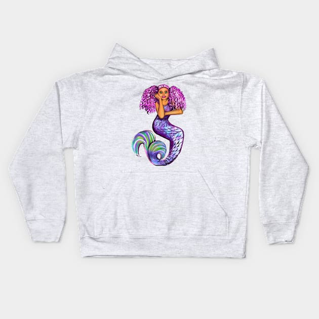 mermaid with pink hair, green eyes and caramel brown skin #002. Black mermaid Kids Hoodie by Artonmytee